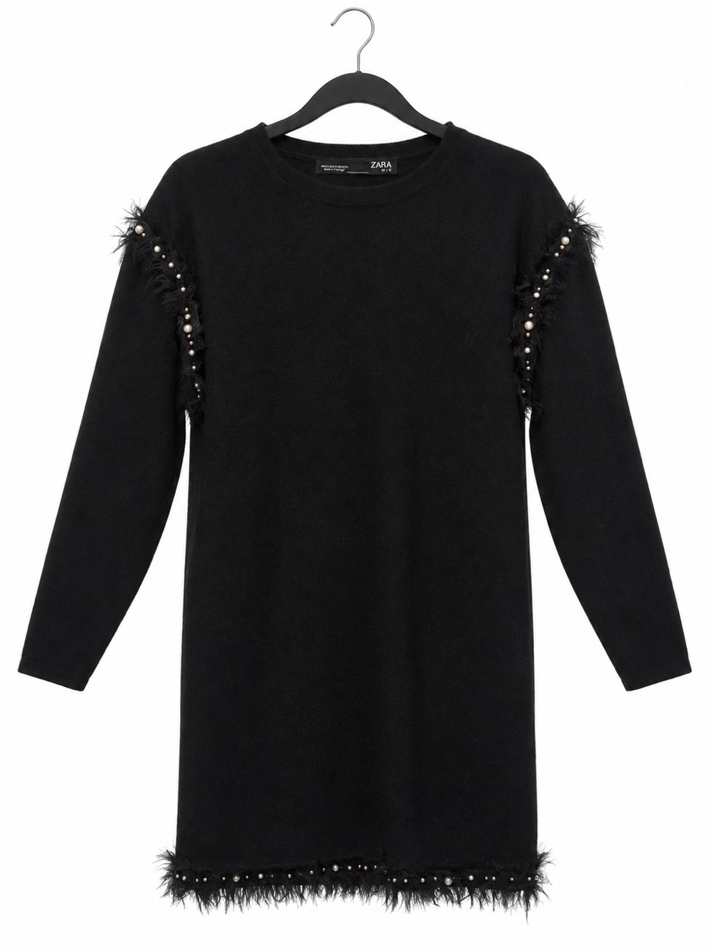 Zara Black Mini Dress with Feather and Pearl Trim